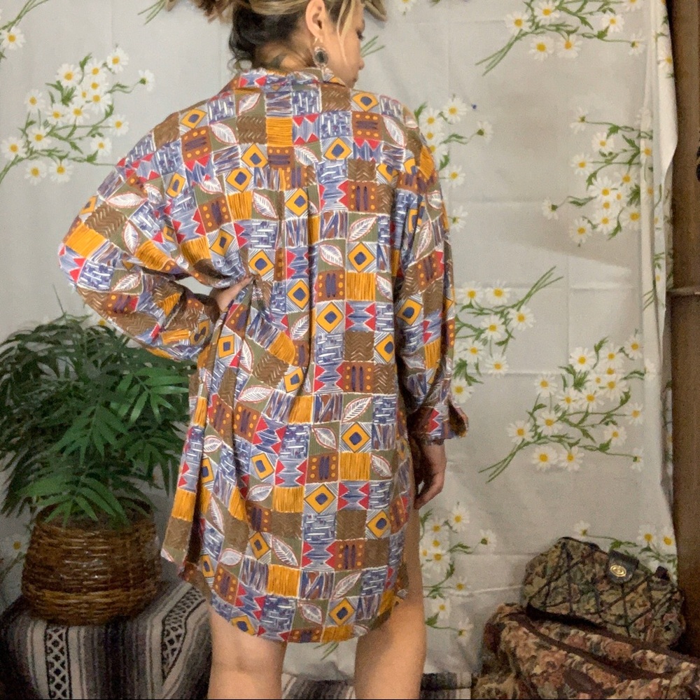 Vintage Silk African Patterned Shirt Dress - Picture 2 of 6